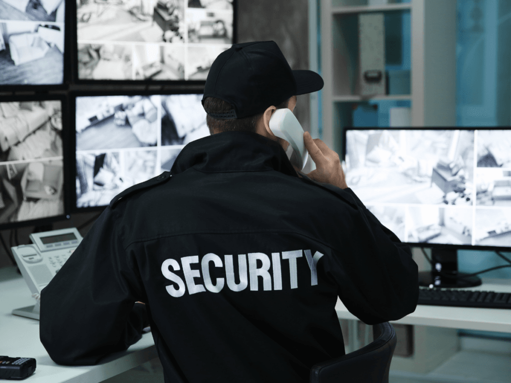 A security guard wearing a black uniform and cap monitors surveillance cameras while talking on a landline phone in a control room, demonstrating the professionalism and reliability of quality surveillance services.