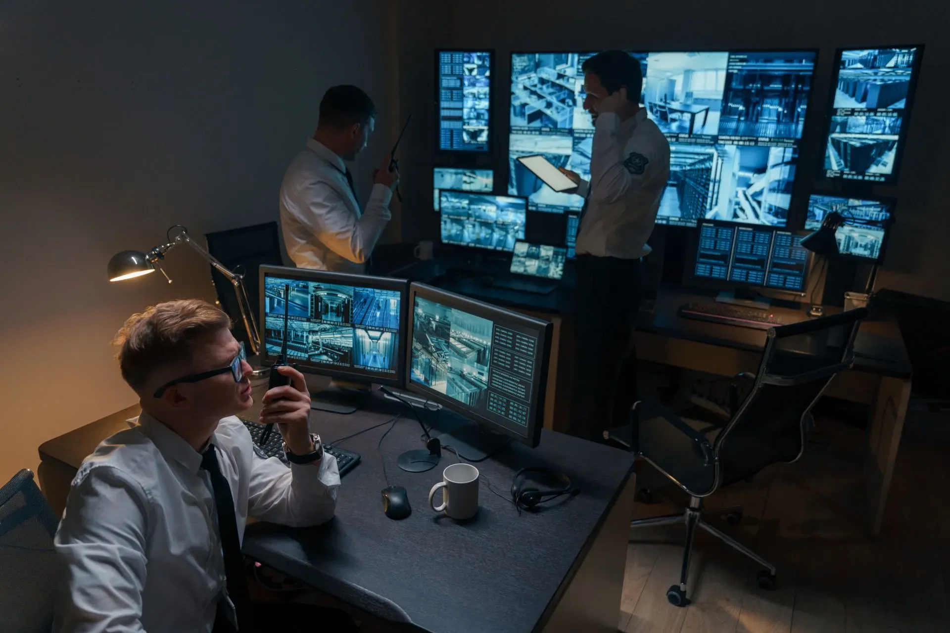 Security personnel monitoring surveillance screens in a control room, emphasizing advanced technology