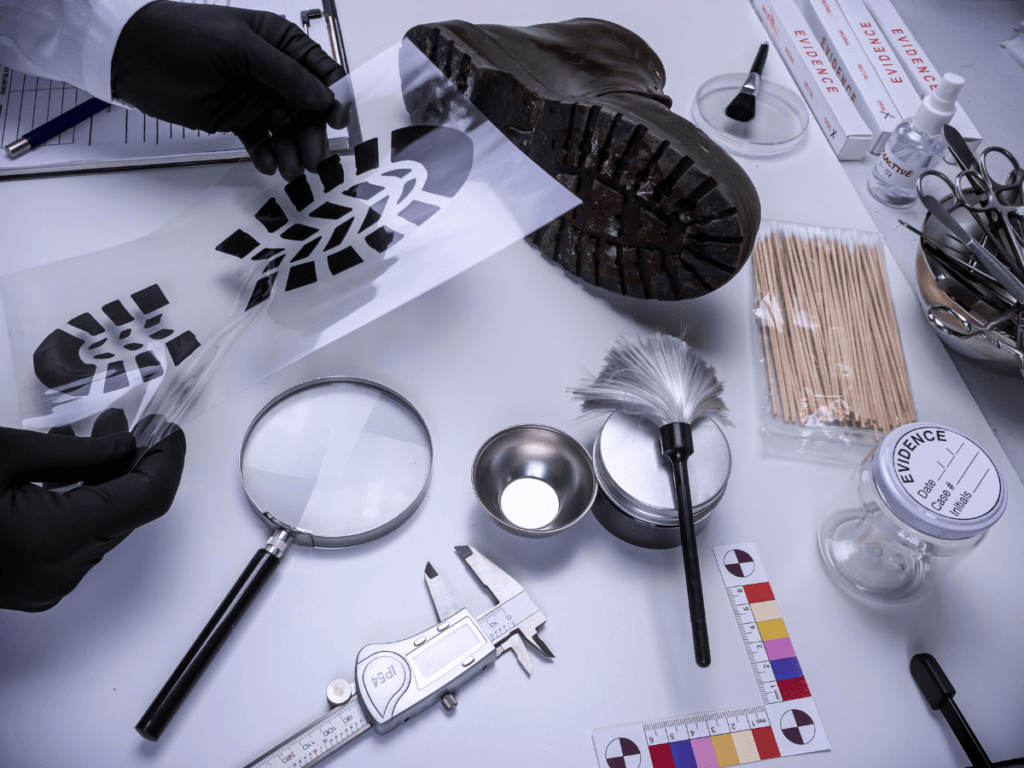 A gloved person compares a shoe print overlay to a boot sole on a forensic lab table with tools, evidence bags, brushes, and measuring instruments—methods often used in domestic investigations to match evidence and solve cases.
