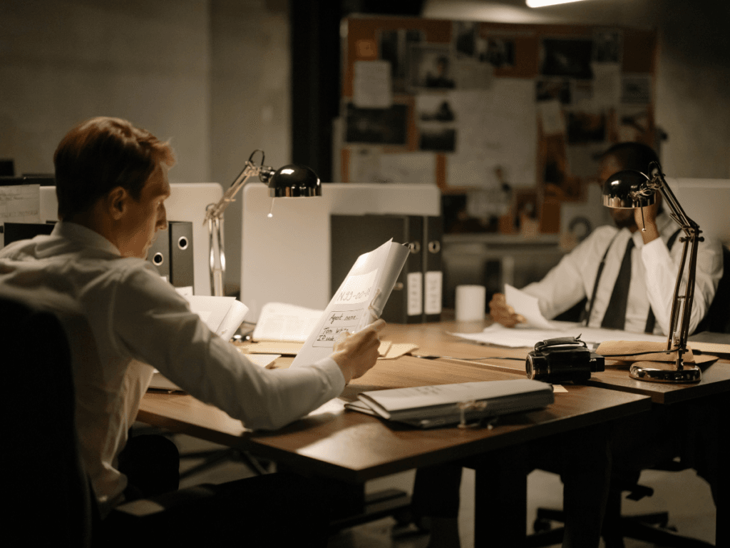 Two men in dress shirts sit at desks in a dimly lit office, examining documents and files related to domestic investigations, with lamps, paperwork, and a corkboard with papers and photos in the background.