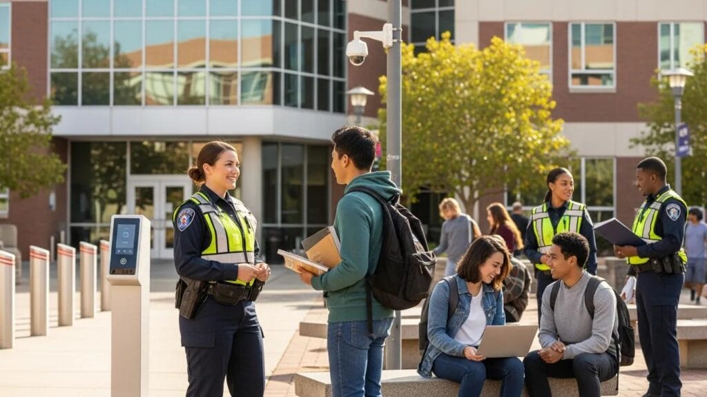 Students and security personnel engaging on a university campus, showcasing safety and community