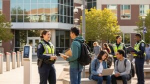 Students and security personnel engaging on a university campus, showcasing safety and community