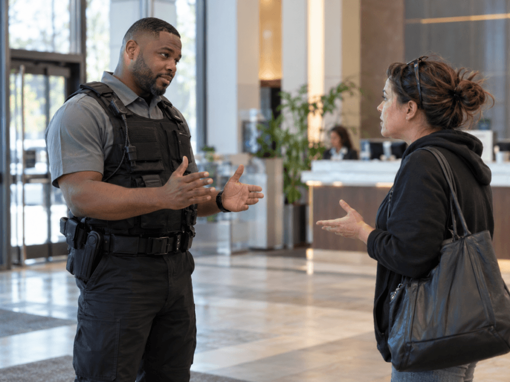 A security guard in a tactical vest engages in conflict de-escalation while speaking with a woman in a lobby.