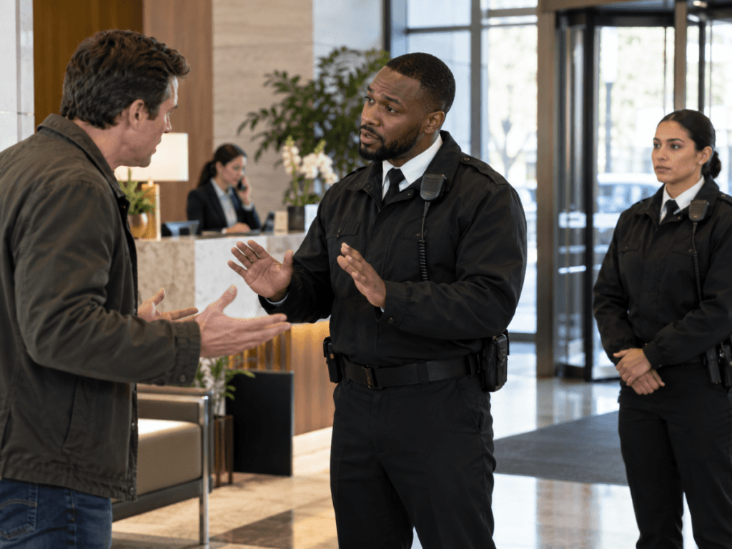 A man in a casual jacket practices conflict de-escalation while speaking with two security guards in a building lobby.