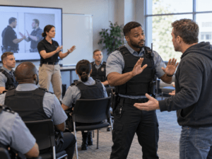 An officer in a tactical vest uses conflict de-escalation techniques while gesturing with open hands to a man in a hoodie, with other officers seated in a training room.